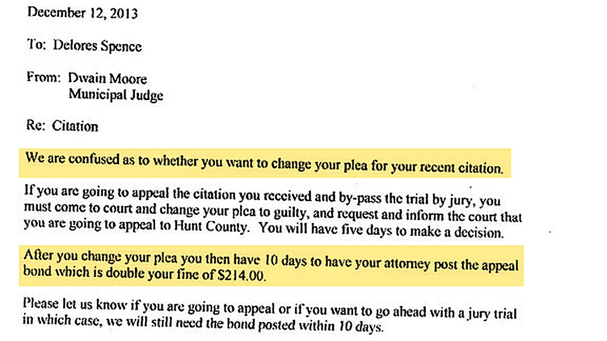 Municipal Judge's letter of December 12, 2013 about a citation: We are confused as to whether you want to change your plea; the appeal bond is double the $214.00 fine