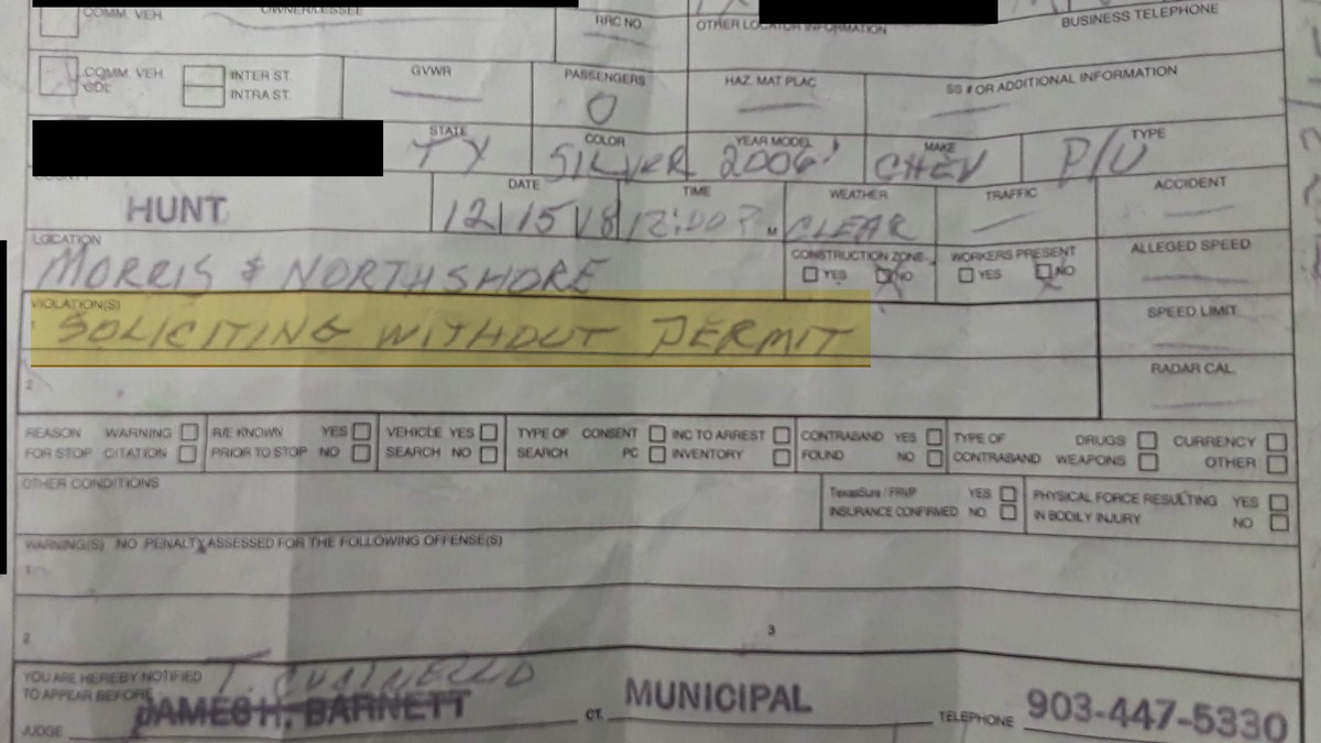 Hawk Cove Police citation No. 002667 dated 12/15/18, location Morris and Northshore, violation handwritten as Soliciting Without Permit; the violator's details are covered in black