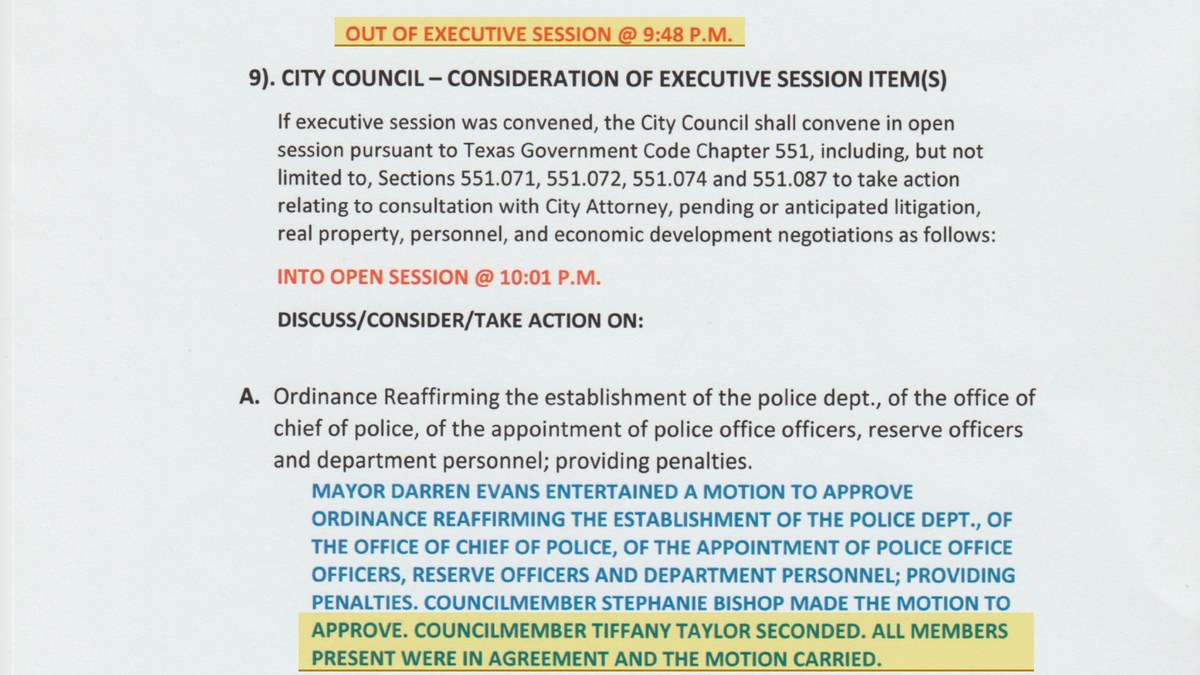 Minutes of May 31, 2023: out of executive session at 9:48 p.m., then a motion on item A with all members present in agreement
