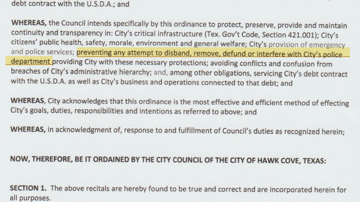 Ordinance 2023-05-31.8 recital: preventing any attempt to disband, remove, defund or interfere with the City's police department