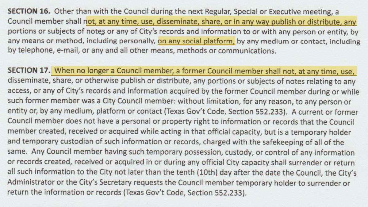 Ordinance 2023-05-31.5, Sections 16 and 17: a Council member shall not, at any time, publish or distribute City records, including on any social platform, even after leaving office